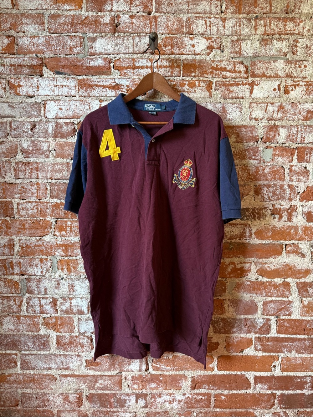 VTG POLO RALPH LAUREN Size XL Mens Blue/Maroon Rugby Polo Shirt Cotton #4 Crest